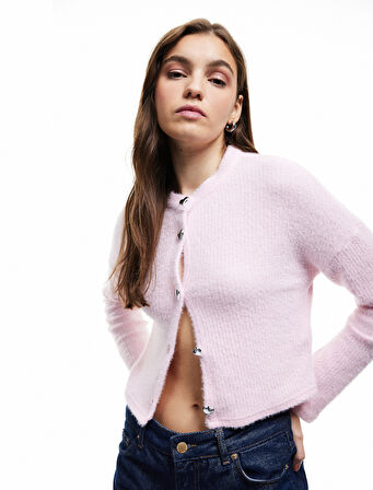 Uzun Kollu Bisiklet Yaka Düğmeli Hırka