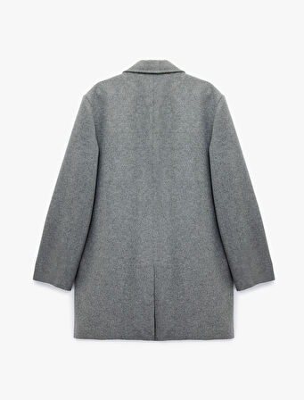 Cep Detaylı Uzun Kollu Düğmeli Dar Kalıp Kruvaze Yaka Kaşe Kaban