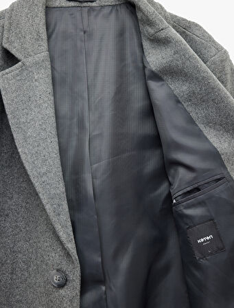 Cep Detaylı Uzun Kollu Düğmeli Dar Kalıp Kruvaze Yaka Kaşe Kaban