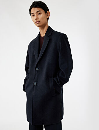 Cep Detaylı Uzun Kollu Düğmeli Dar Kalıp Kruvaze Yaka Kaşe Kaban