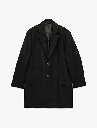 Cep Detaylı Uzun Kollu Düğmeli Dar Kalıp Kruvaze Yaka Kaşe Kaban