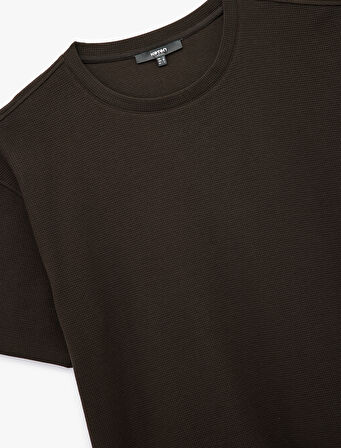 Kısa Kollu Waffle Dokulu Oversize Pamuklu Bisiklet Yaka Basic Tişört