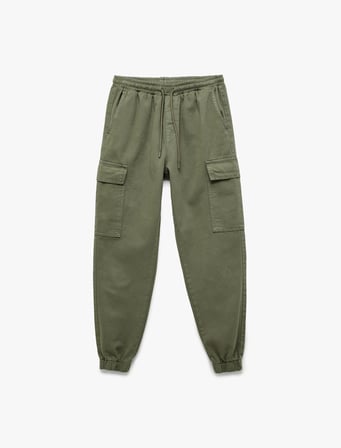 Beli Bağcıklı Kargo Cep Detaylı Pamuklu Rahat Kesim Gabardin Jogger Pantolon