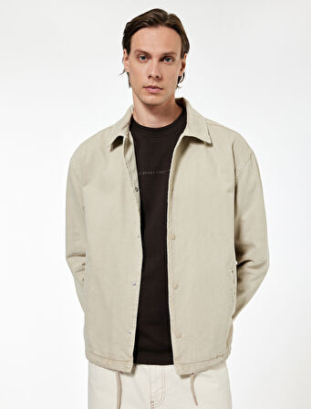 Pamuklu Cepli Bel Detaylı Gömlek Yaka Düğmeli Yıkamalı Oversize Jean Ceket