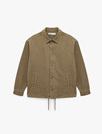 Pamuklu Cepli Bel Detaylı Gömlek Yaka Düğmeli Yıkamalı Oversize Jean Ceket