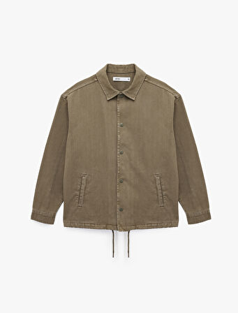 Pamuklu Cepli Bel Detaylı Gömlek Yaka Düğmeli Yıkamalı Oversize Jean Ceket