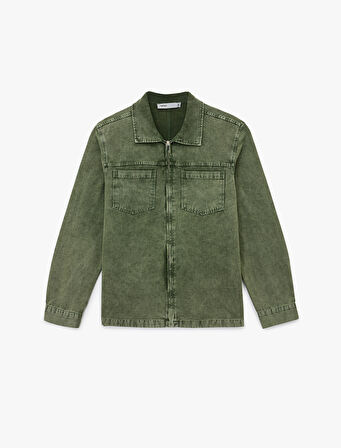 Pamuklu Cep Detaylı Klasik Yaka Yıkamalı Fermuarlı Jean Gömlek Ceket