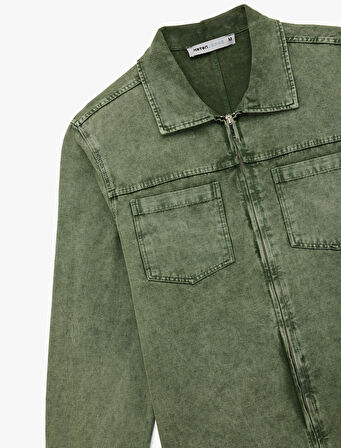 Pamuklu Cep Detaylı Klasik Yaka Yıkamalı Fermuarlı Jean Gömlek Ceket