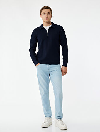 Uzun Kollu Basic Dokulu Yarım Fermuarlı Polo Yaka Sweatshirt