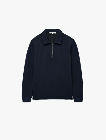 Uzun Kollu Basic Dokulu Yarım Fermuarlı Polo Yaka Sweatshirt