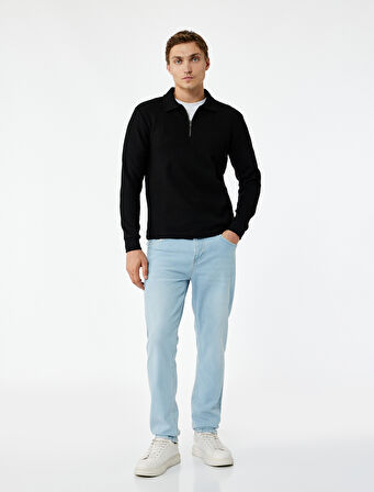 Uzun Kollu Basic Dokulu Yarım Fermuarlı Polo Yaka Sweatshirt