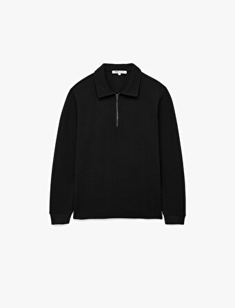 Uzun Kollu Basic Dokulu Yarım Fermuarlı Polo Yaka Sweatshirt