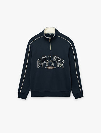 Uzun Kollu Kolej Nakışlı Renk Kontrastlı Şardonlu Yarım Fermuarlı Sweatshirt