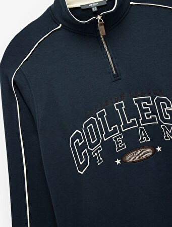 Uzun Kollu Kolej Nakışlı Renk Kontrastlı Şardonlu Yarım Fermuarlı Sweatshirt