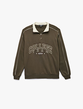 Uzun Kollu Kolej Nakışlı Renk Kontrastlı Şardonlu Yarım Fermuarlı Sweatshirt