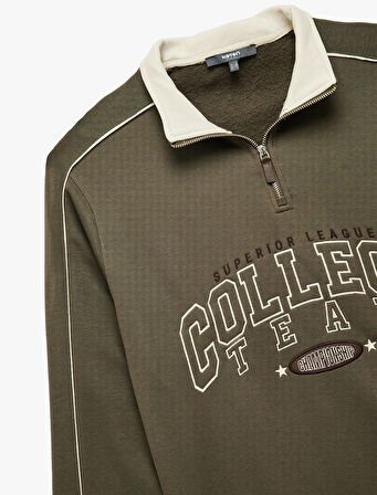 Uzun Kollu Kolej Nakışlı Renk Kontrastlı Şardonlu Yarım Fermuarlı Sweatshirt