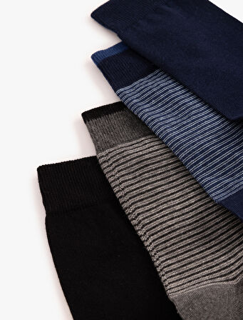 Soket Çorap Seti 4'lü Pamuk Karışımlı Çizgi Detaylı