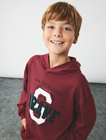 Şardonlu Kapşonlu Uzun Kollu Baskılı Pamuklu Oversize Sweatshirt