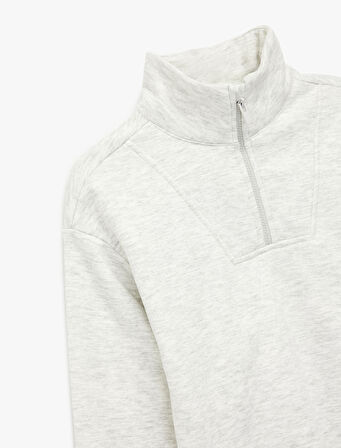 Uzun Kollu Fermuar Detaylı Dik Yaka Şardonlu Oversize Sweatshirt