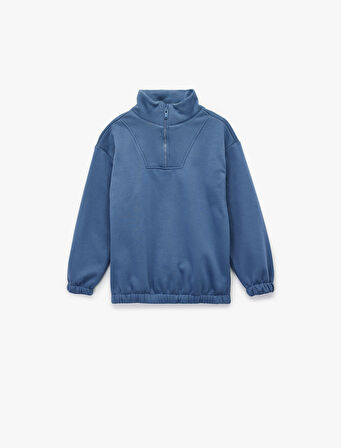 Uzun Kollu Fermuar Detaylı Dik Yaka Şardonlu Oversize Sweatshirt