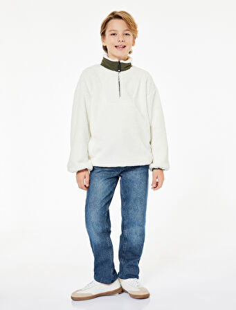 Dik Yaka Uzun Kollu Yarım Fermuarlı Peluş Sweatshirt