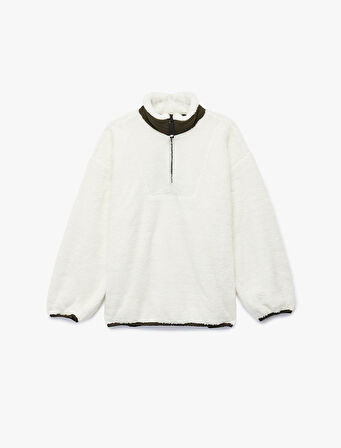 Dik Yaka Uzun Kollu Yarım Fermuarlı Peluş Sweatshirt