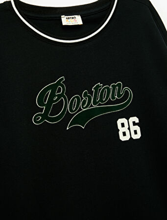 Pamuklu Baskılı Bisiklet Yaka Uzun Kollu Tişört