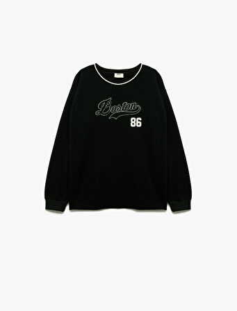 Pamuklu Baskılı Bisiklet Yaka Uzun Kollu Tişört