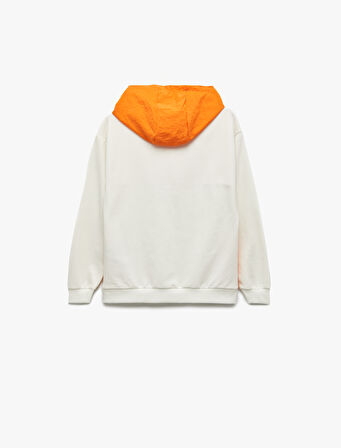 Şardonlu Renk Bloklu Uzun Kollu Kapşonlu Oversize Sweatshirt