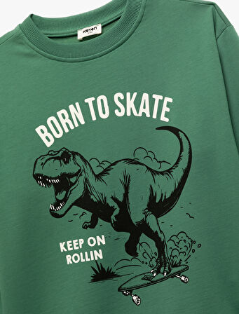 Şardonlu Uzun Kollu Bisiklet Yaka Dinozor Baskılı Sweatshirt