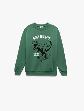 Şardonlu Uzun Kollu Bisiklet Yaka Dinozor Baskılı Sweatshirt