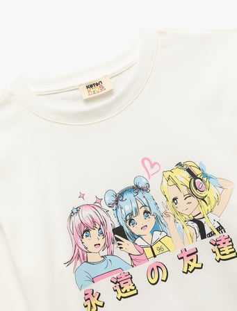 Pamuklu Uzun Kollu Bisiklet Yaka Anime Baskılı Tişört