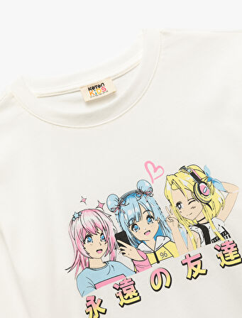 Pamuklu Uzun Kollu Bisiklet Yaka Anime Baskılı Tişört