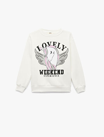 Üç İplik Şardonlu Unicorn Baskılı Uzun Kollu Bisiklet Yaka Sweatshirt