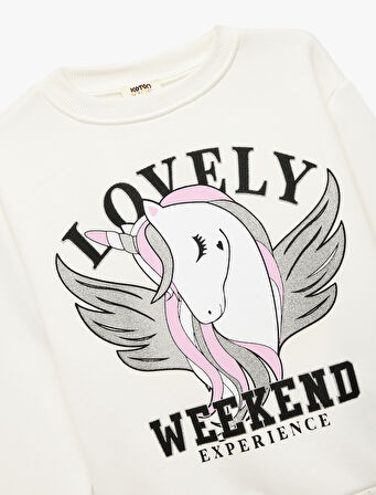 Üç İplik Şardonlu Unicorn Baskılı Uzun Kollu Bisiklet Yaka Sweatshirt