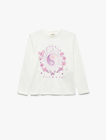 Pamuklu Uzun Kollu Bisiklet Yaka Baskılı Tişört