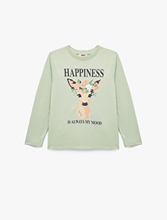 Pamuklu Geyik Baskılı Uzun Kollu Bisiklet Yaka Tişört