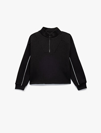 Şardonlu Uzun Kollu Dik Yaka Yarım Fermuarlı Sweatshirt