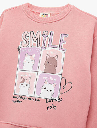 Uzun Kollu Bisiklet Yaka Şardonlu Kedi Baskılı Sweatshirt