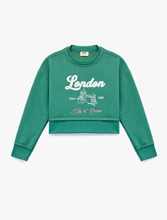 Şardonlu Uzun Kollu Bisiklet Yaka Baskılı Sweatshirt