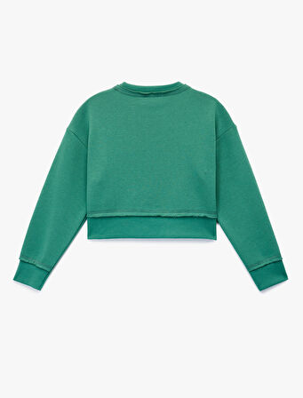 Şardonlu Uzun Kollu Bisiklet Yaka Baskılı Sweatshirt