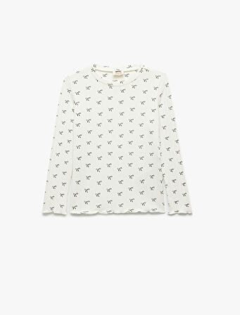 Kaşkorse Yumuşak Dokulu Uzun Kollu Bisiklet Yaka Fiyonk Baskılı Tişört