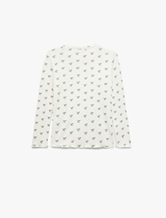 Kaşkorse Yumuşak Dokulu Uzun Kollu Bisiklet Yaka Fiyonk Baskılı Tişört