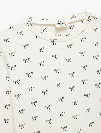 Kaşkorse Yumuşak Dokulu Uzun Kollu Bisiklet Yaka Fiyonk Baskılı Tişört