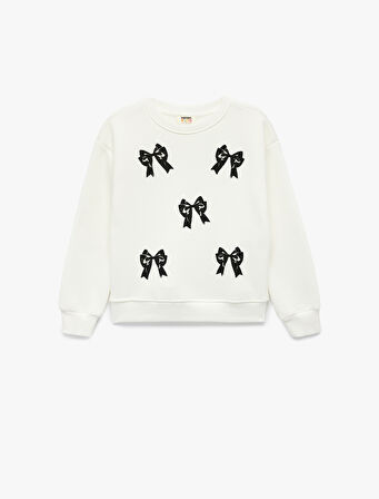 Uzun Kollu Bisiklet Yaka Şardonlu Fiyonk Baskılı Sweatshirt
