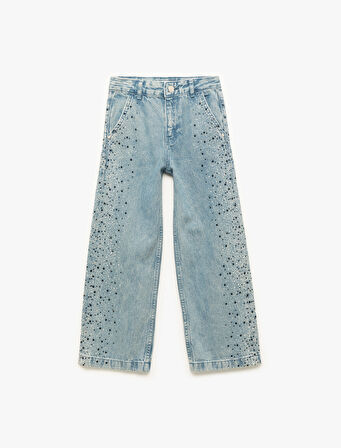 Pamuklu Taş Detaylı Cepli Geniş Paça Denim Pantolon