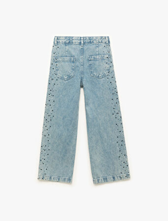 Pamuklu Taş Detaylı Cepli Geniş Paça Denim Pantolon