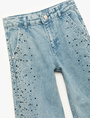 Pamuklu Taş Detaylı Cepli Geniş Paça Denim Pantolon