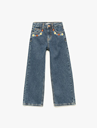 Yüksek Bel Pamuklu Bol Kalıp Çiçek İşlemeli Geniş Paça Denim Pantolon