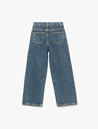 Yüksek Bel Pamuklu Bol Kalıp Çiçek İşlemeli Geniş Paça Denim Pantolon